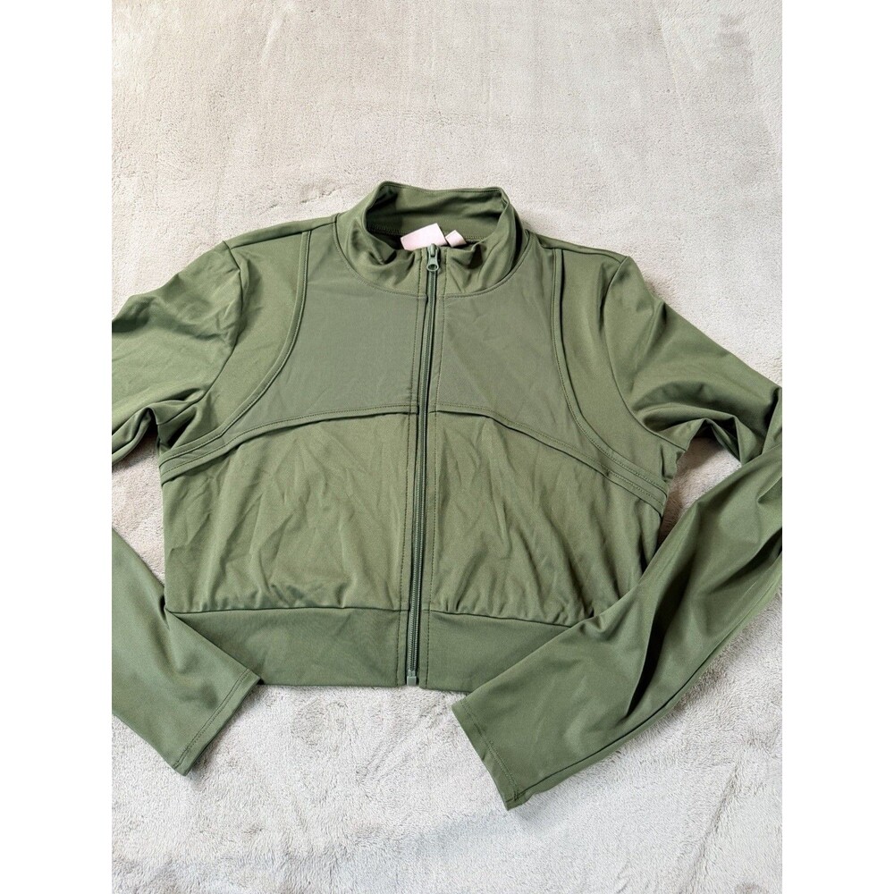 Flex Time Women Crop Jacket Size M Olive Green Zip Up Athletic Stretch
